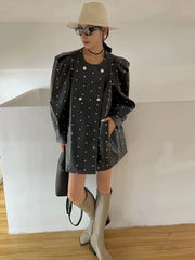 Vegan Leather Polka Dot Puff Shoulder Coat