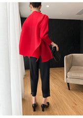 Luxury Red Pleated Asymmetrical Plissé Cardigan