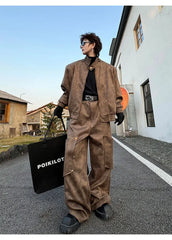 Men's 2 Piece Set Brown Streetwear Jacket & Pants