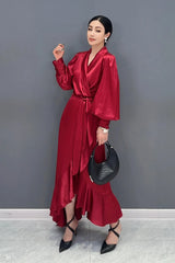 Women's Silk Elegant Red Ruffle Midi Dress