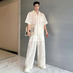 Men's Sheer 2-Piece Embroidery White Lace Suit Set