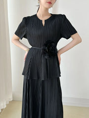 Flowy Pleated Blouse & Skirt Set