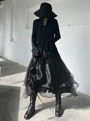Lily High Elastic Waist Black Skirt with Irregular Mesh