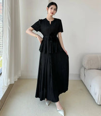Flowy Pleated Blouse & Skirt Set