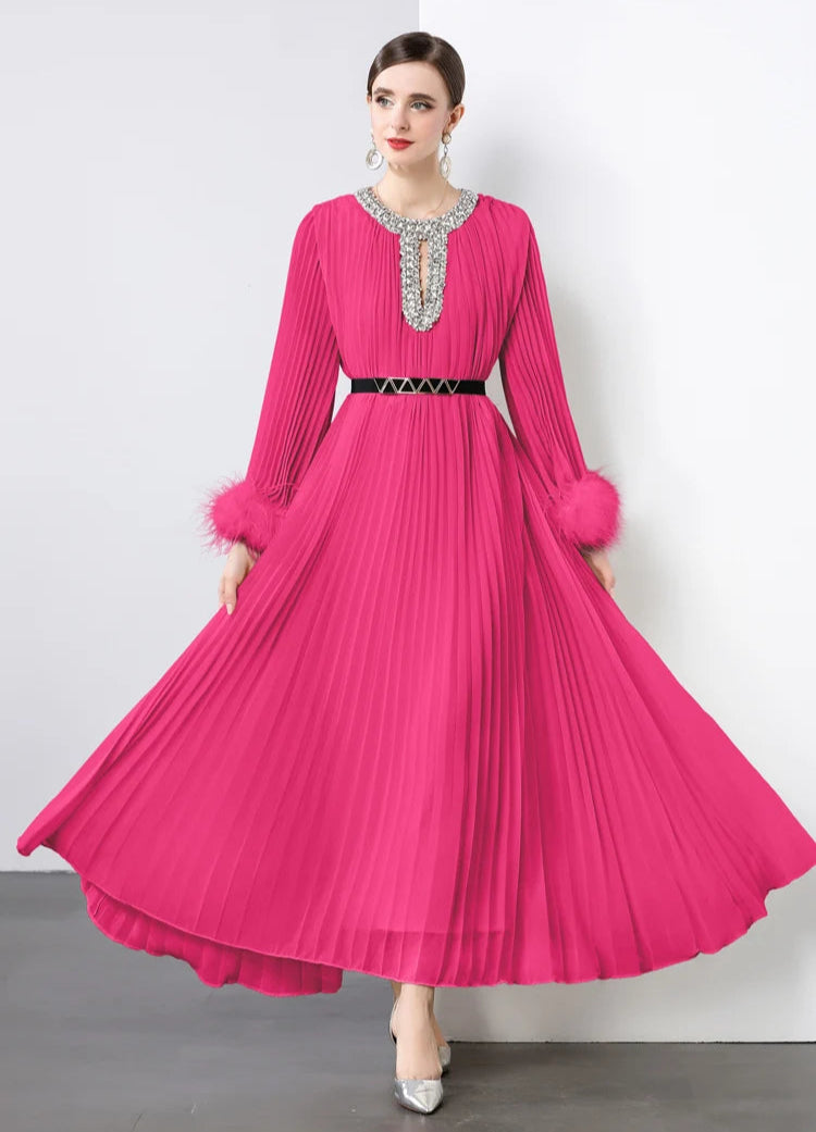 Luxe Pleated Crystal & Feather Dress