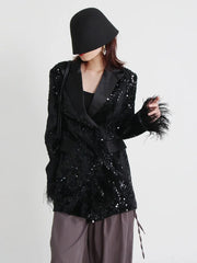 Women's Black Sequin Feather Boyfriend Blazer