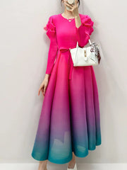 Women's Ombre Pleated Puffy Sleeve Dress