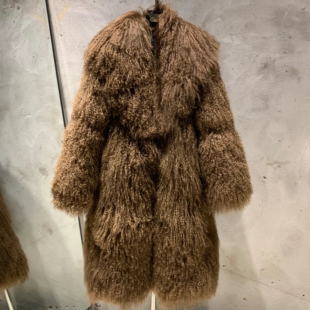 100% Real Curly Shearling Fur Long Coat