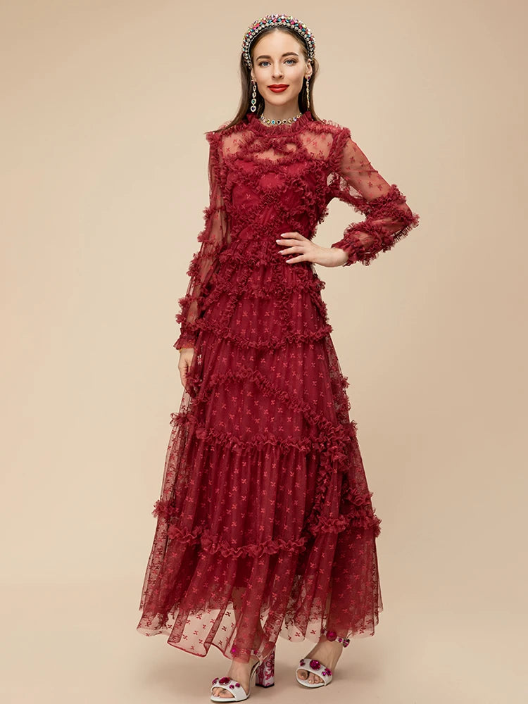 Red Raffle Dress Wine Red Ruffle Mesh Midi Dress – HEYFANCYSTYLE