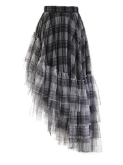 Plaid Asymmetric Tulle Pull-On Skirt