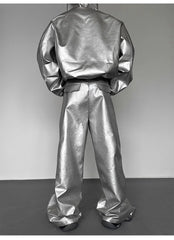 Men's Hooded Metallic Faux Leather Bomber Jacket & Pants Set