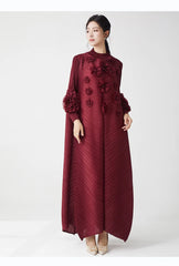 Luxe Plissé Pleated Floral Long Sleeve Dress