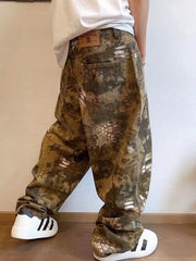 Men's Snake Printed Wide Leg Denim Jeans