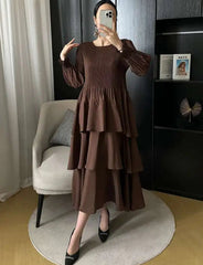 Pleated Lantern Sleeve Ruffle Dress