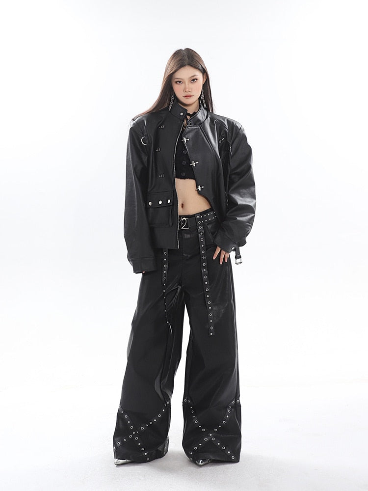 High-Fashion Metal-Accented Wide Leg Leather Pants – HEYFANCYSTYLE