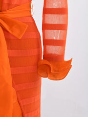 Women's Pleated Perfection - Orange Coat & Sleeveless Dress Set