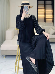 Modest Elegant Black Pleated Two-Piece Set