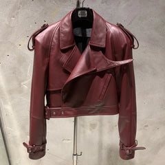 Luxury Women's Genuine Leather Belted Moto Jacket