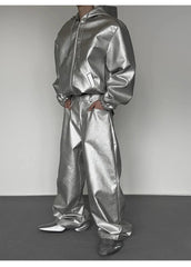 Men's Hooded Metallic Faux Leather Bomber Jacket & Pants Set