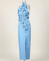 Elegant 3D Floral Halter-Neck Dress