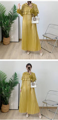 Pleated Modest Metallic Long Sleeve Midi Dress