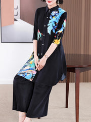 Luxe Botanical Print Pleated Tunic & Trouser Set