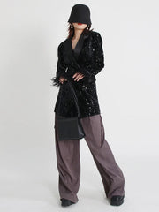 Women's Black Sequin Feather Boyfriend Blazer