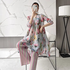 Luxury Floral Pleated Tunic & Striped Wide-Leg Pants Set