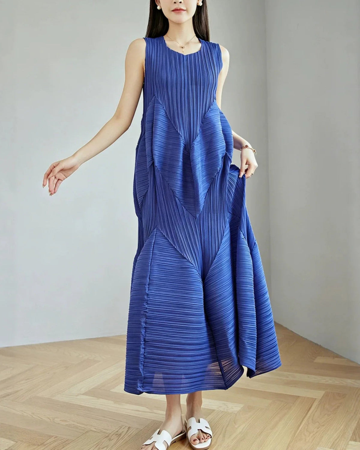 Geometric Pleated Midi Dress