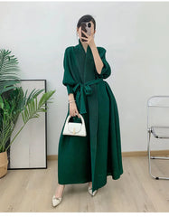 Couture Plissé Pleated Belted Robe Coat