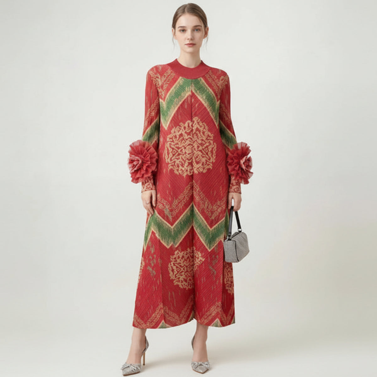 Plissé Ruffle-Sleeve Dress