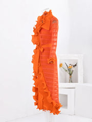 Women's Pleated Perfection - Orange Coat & Sleeveless Dress Set