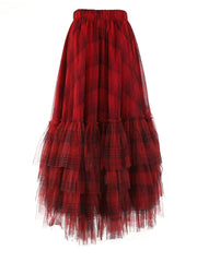 Plaid Asymmetric Tulle Pull-On Skirt