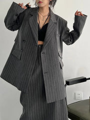 Asymmetrical Pinstripe Blazer & Maxi Skirt Suit