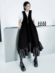Contemporary Black Midi Dress with Zip-Up Ruffle