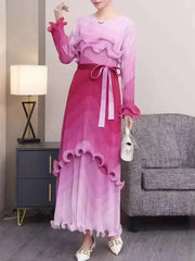 Ombre Pleated Ruffle Long Dress