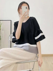 Truly Pleated Stripe 3/4 Sleeve Top