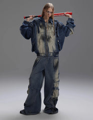 Women's 2 Piece Distressed Denim Jacket & Cargo Jeans Set