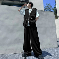 Men's Streetwear Black Cargo Vest and Loose Trousers Set