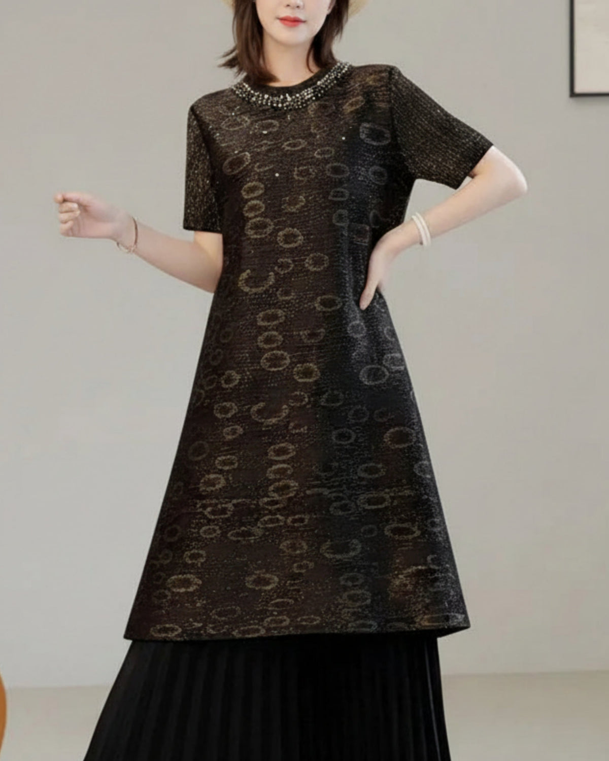 Luxury Beaded Plisse Long Tunic