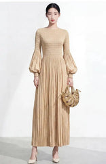 Balloon Sleeve Pleated Dress