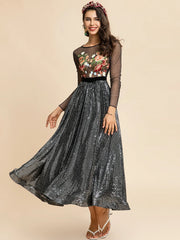 Floral Embroidery Sheer Sleeve Sequin Dress