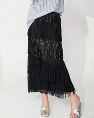 Luxury Plissé Tiered Fringe Skirt