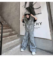 Men's Gray Trendy Baggy Hoodie Vest 2-Piece Set