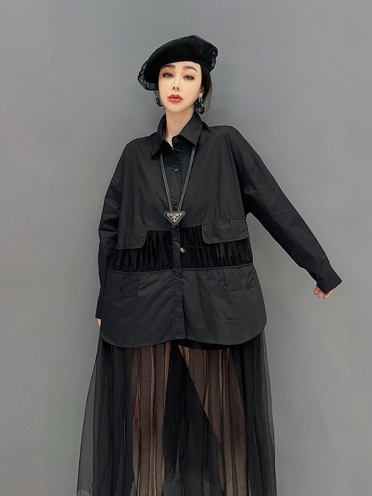 Elegant Pleated Shirt Dress Top in Black
