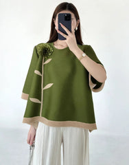 Luxury Flower Pleated Blouse Top