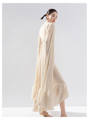 Women's Pleated Midi Dress with Elegant Cape