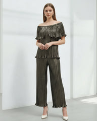 2-Piece Metallic Plissé Pant Set