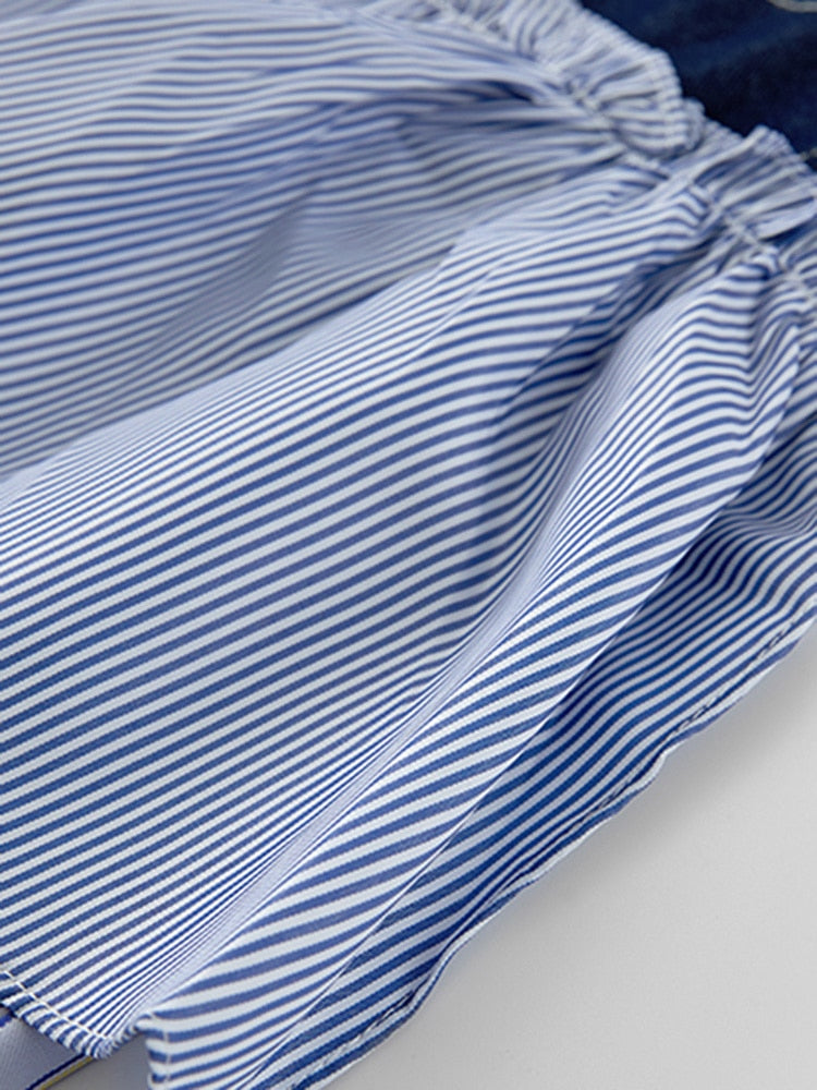 Elegant Chic Long Sleeve Blue Striped Ruffle Blouse