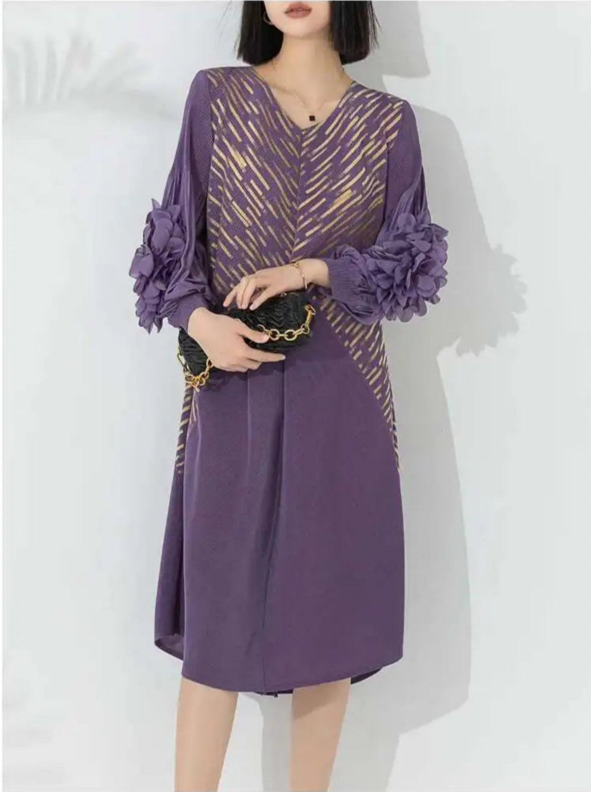 Luxury Plissé Floral Sleeve Dress